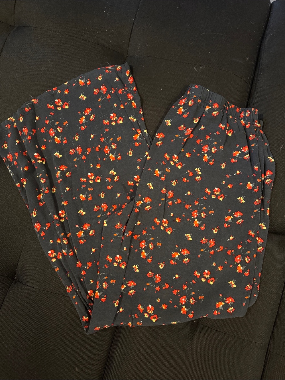 wild fable Black Floral Wide-Leg Pants with Red & Yellow Blossoms